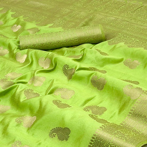 Green Tusser Cotton Silk Saree Adorned With Floral Zari Weave & Tassel Pallu