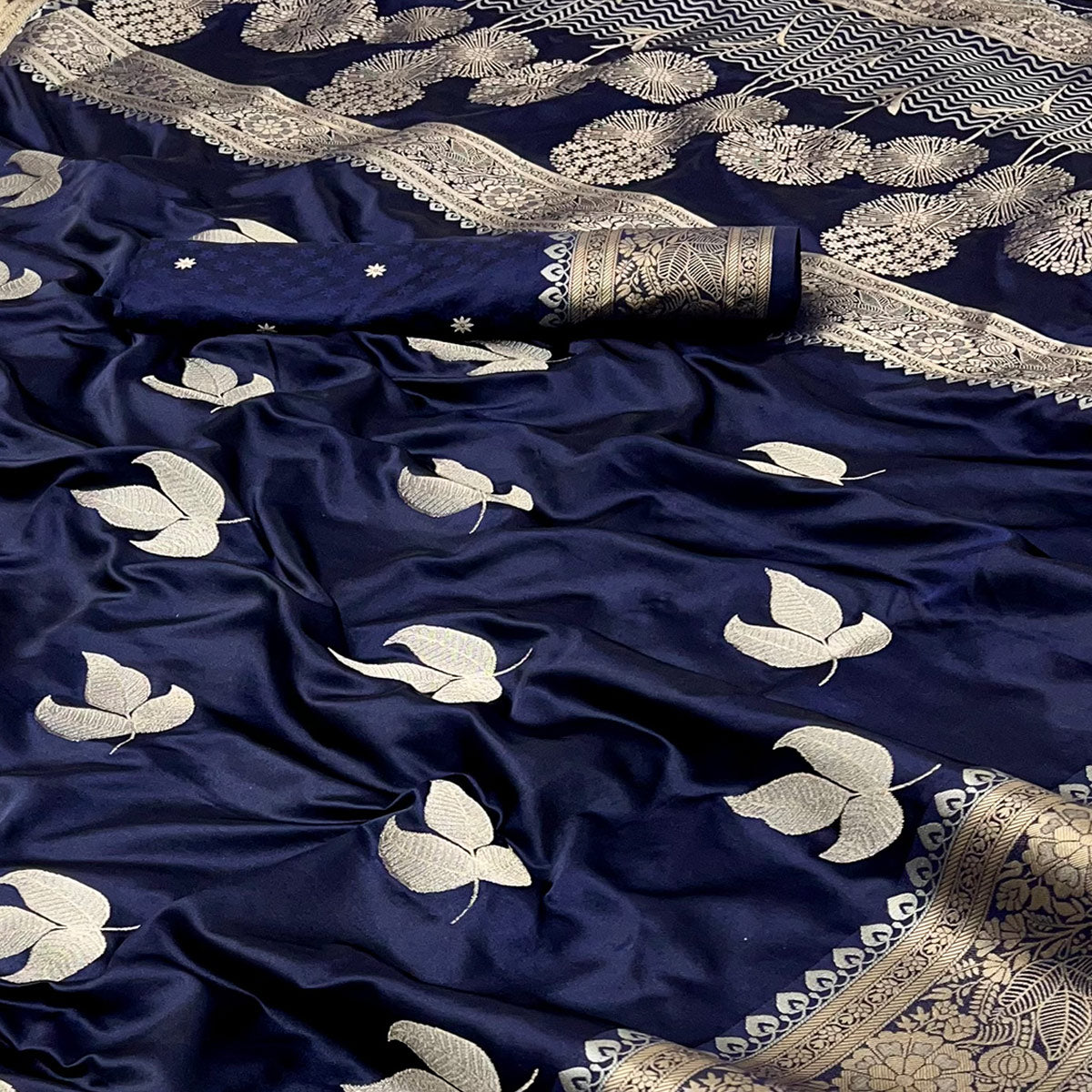 Navy Blue Floral Zari Woven Satin Silk Saree With Graceful Tassel Pallu