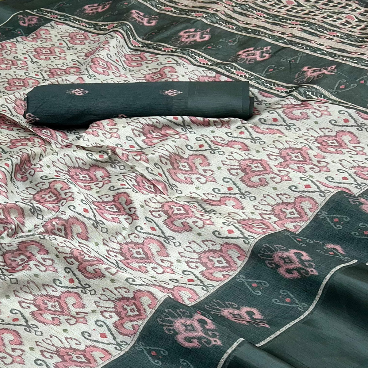 Cream & Green Art Silk Saree Featuring Modern Digital Print & Tassel Pallu