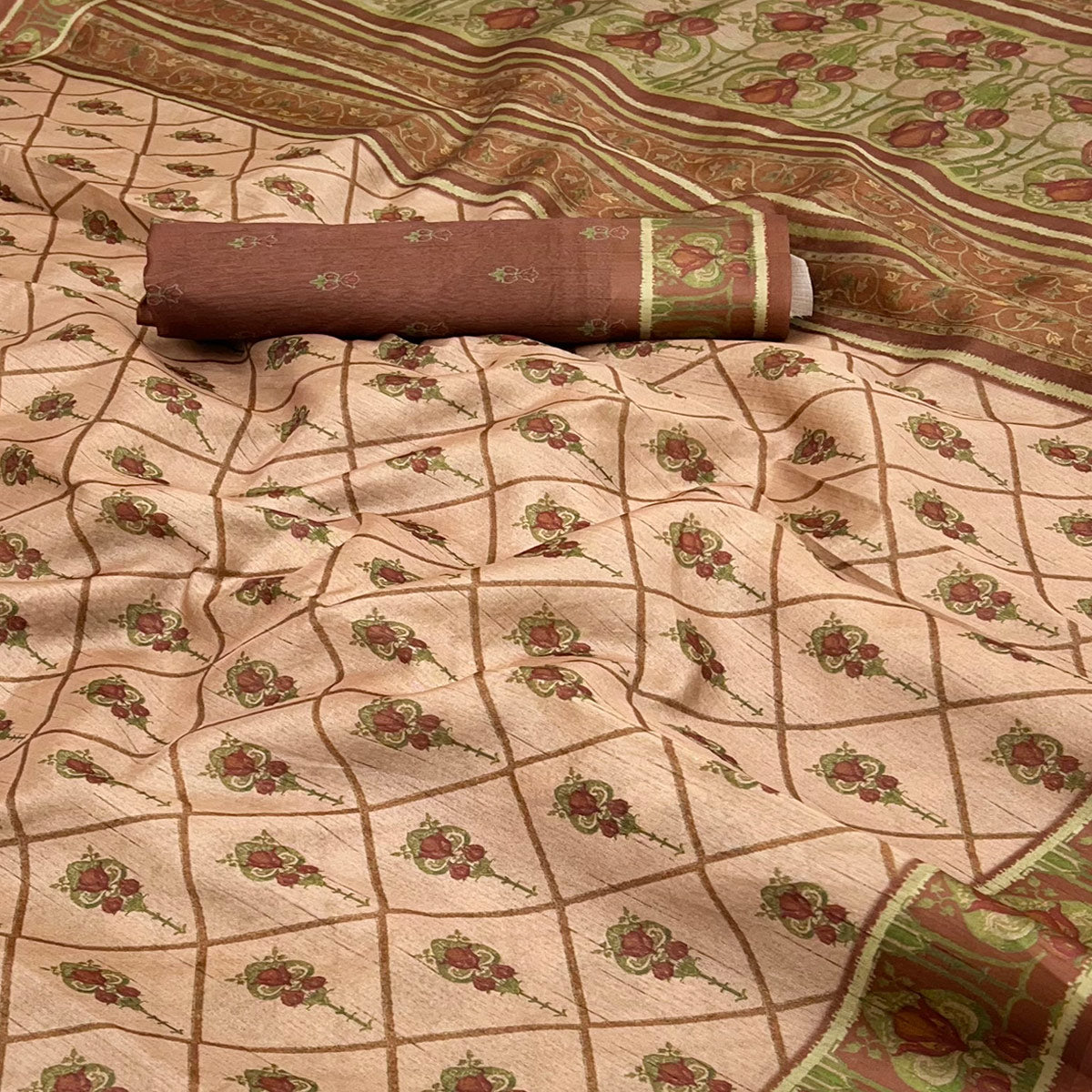 Peach Art Silk Saree Featuring Modern Digital Print & Tassel Pallu