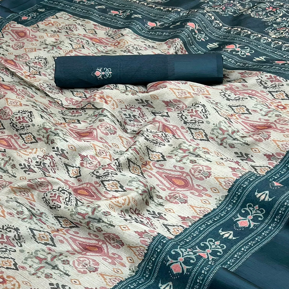 Cream & Blue Art Silk Saree Featuring Modern Digital Print & Tassel Pallu