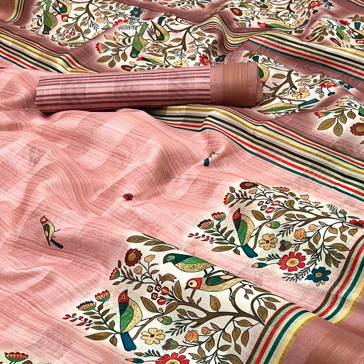 Peach Cotton Blend Saree Highlighted With Bird & Floral Digital Print