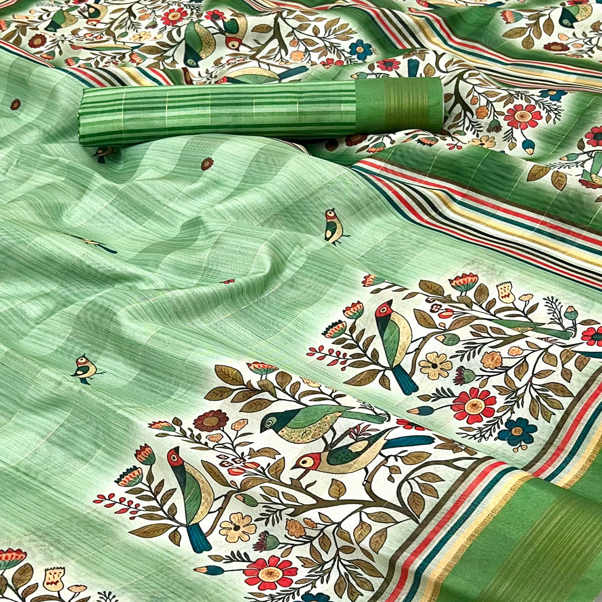 Green Cotton Blend Saree Highlighted With Bird & Floral Digital Print