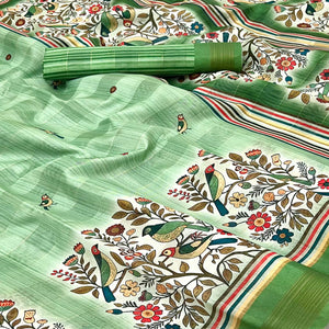 Green Cotton Blend Saree Highlighted With Bird & Floral Digital Print