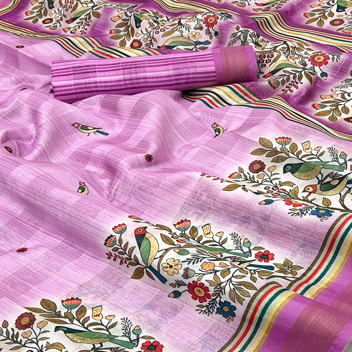 59Pink Cotton Blend Saree Highlighted With Bird & Floral Digital Print