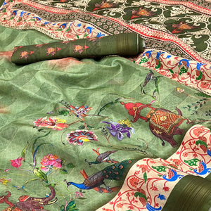 Green Cotton Blend Saree Highlighted With Animal & Floral Digital Print