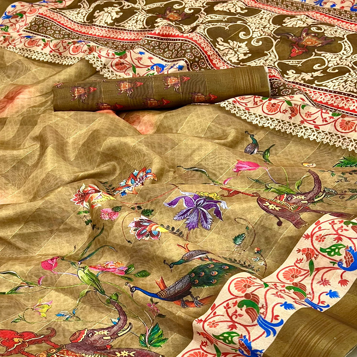 Mustard Cotton Blend Saree Highlighted With Animal & Floral Digital Print