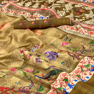 Mustard Cotton Blend Saree Highlighted With Animal & Floral Digital Print