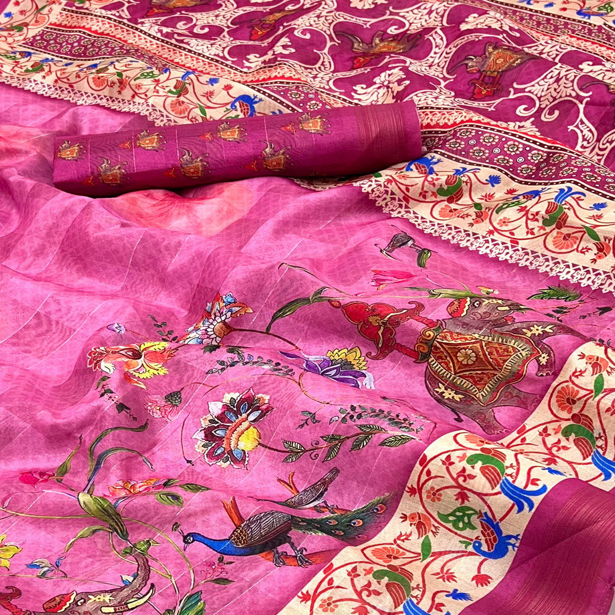 Pink Cotton Blend Saree Highlighted With Animal & Floral Digital Print