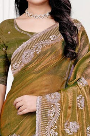 Classic Green Floral Embroidered Organza Satin Silk Saree With Dazzling Diamond Work