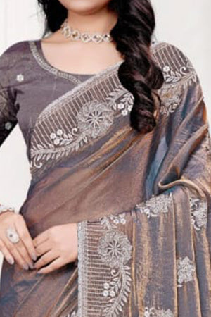 Classic Grey Floral Embroidered Organza Satin Silk Saree With Dazzling Diamond Work