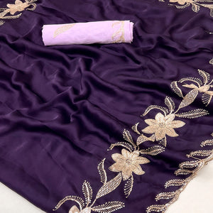 Royal Purple Sequins Work Embroidered Satin Saree for Special Occasions