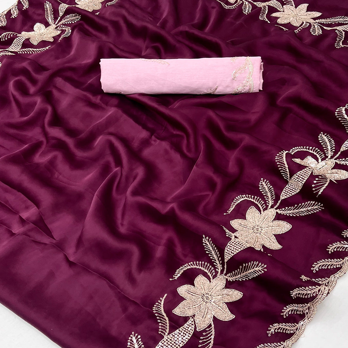 Wine Sequins Work Embroidered Satin Saree for Special Occasions