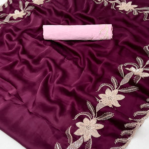 Wine Sequins Work Embroidered Satin Saree for Special Occasions