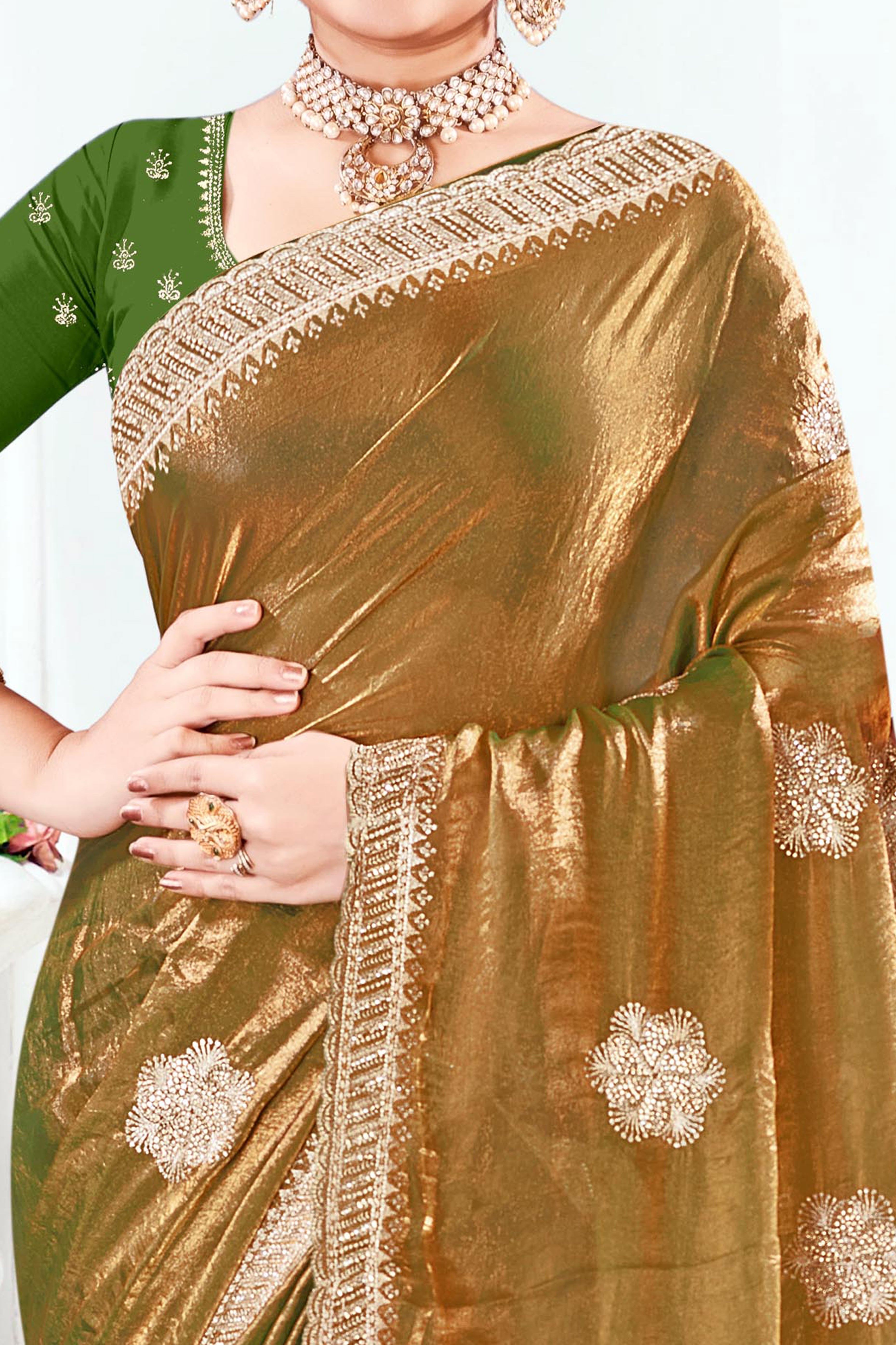 Designer Green Floral Zari Embroidery Organza Satin Silk Saree Featuring Diamond Work