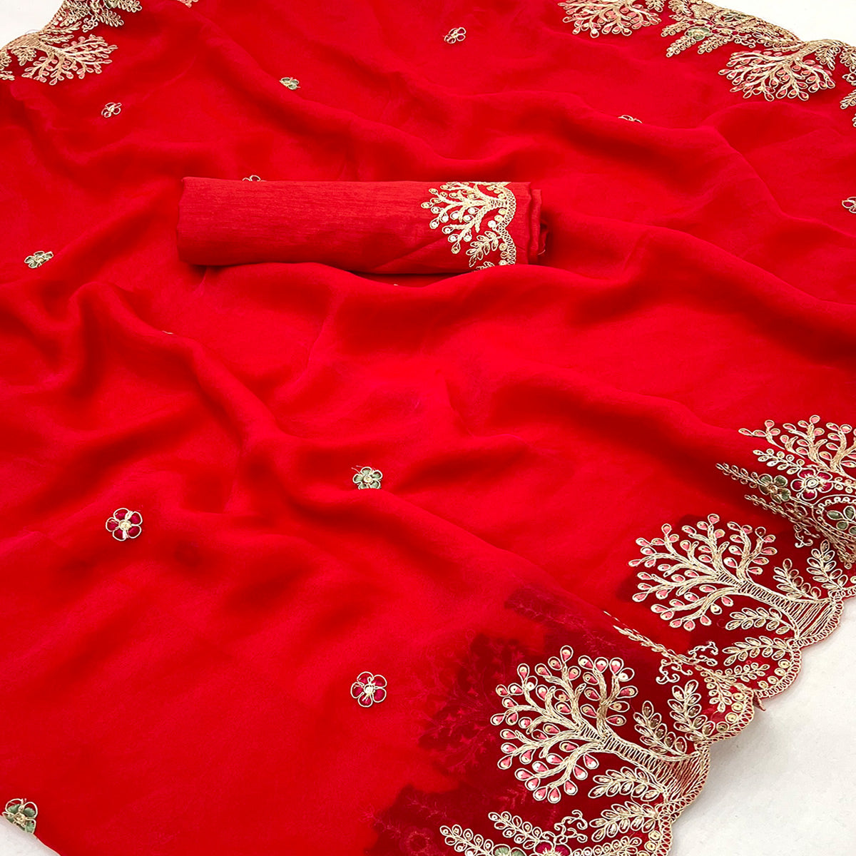 Red Floral Embroidered Crepe Saree with Subtle Sequin Detailing