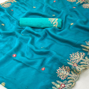 Teal Floral Embroidered Crepe Saree with Subtle Sequin Detailing