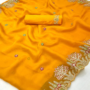 Mustard Yellow Floral Embroidered Crepe Saree with Subtle Sequin Detailing