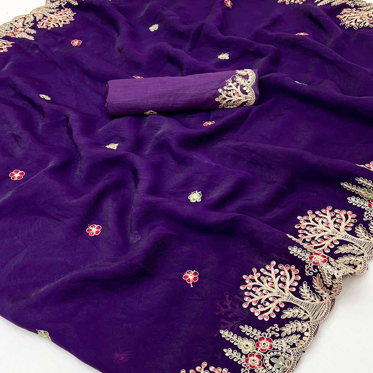 Violet Floral Embroidered Crepe Saree with Subtle Sequin Detailing