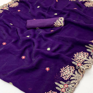 Violet Floral Embroidered Crepe Saree with Subtle Sequin Detailing