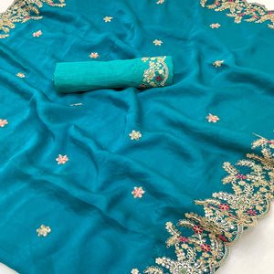 Party Wear Teal Floral Embroidered Crepe Saree with Elegant Sequin Finish