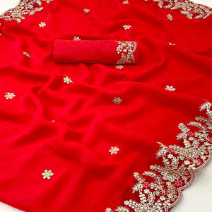 Party Wear Red Floral Embroidered Crepe Saree with Elegant Sequin Finish