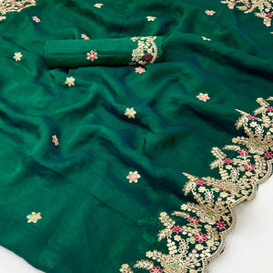 Party Wear Green Floral Embroidered Crepe Saree with Elegant Sequin Finish
