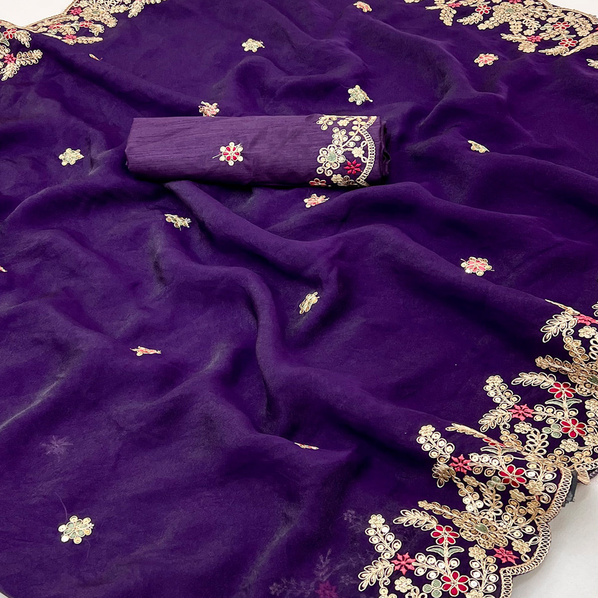 Party Wear Purple Floral Embroidered Crepe Saree with Elegant Sequin Finish