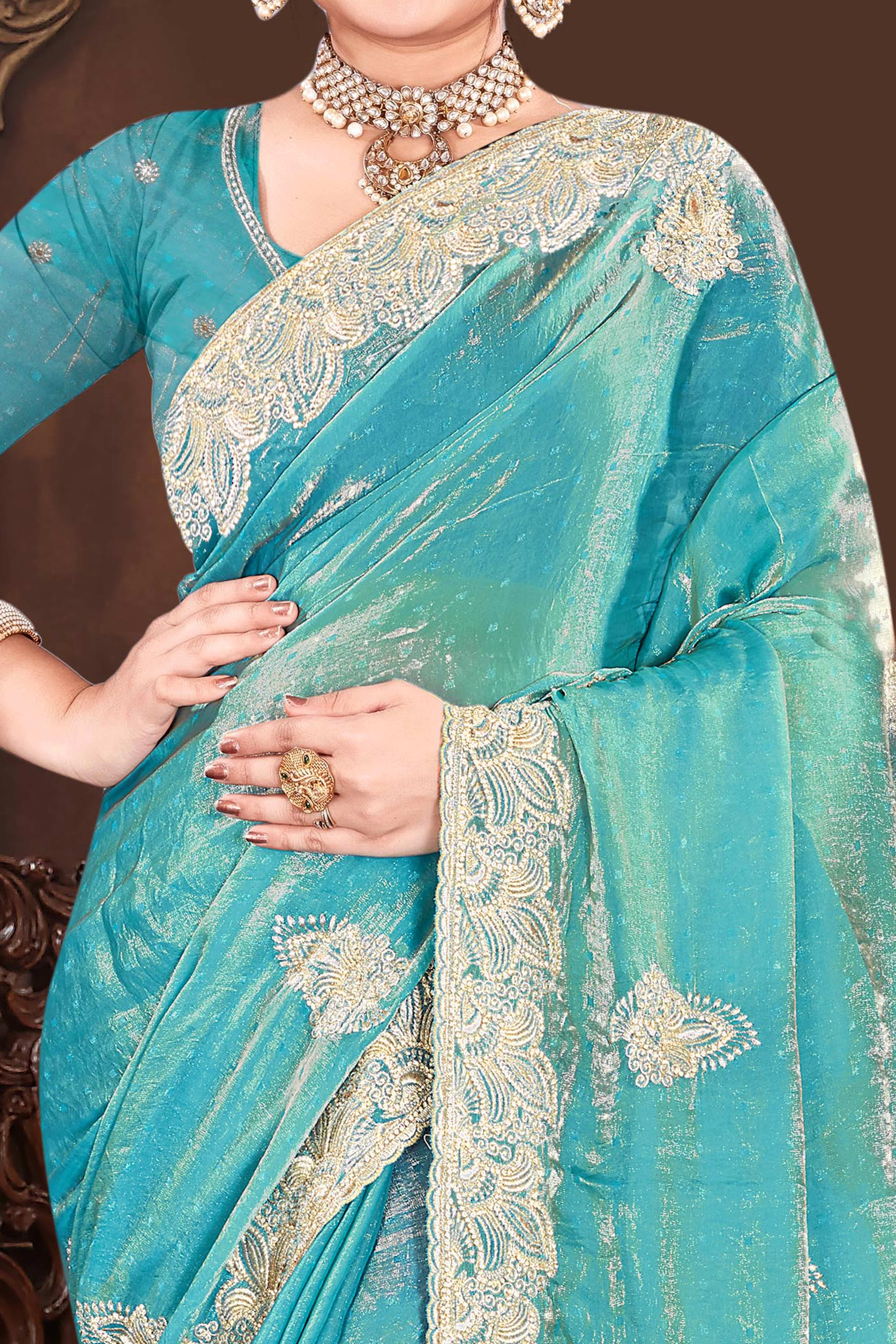 Stylish Blue Floral Embroidered Organza Satin Silk Saree With Diamond Work Finish