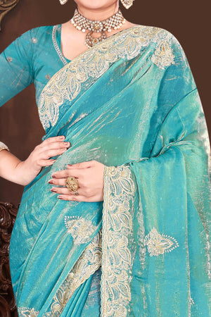 Stylish Blue Floral Embroidered Organza Satin Silk Saree With Diamond Work Finish