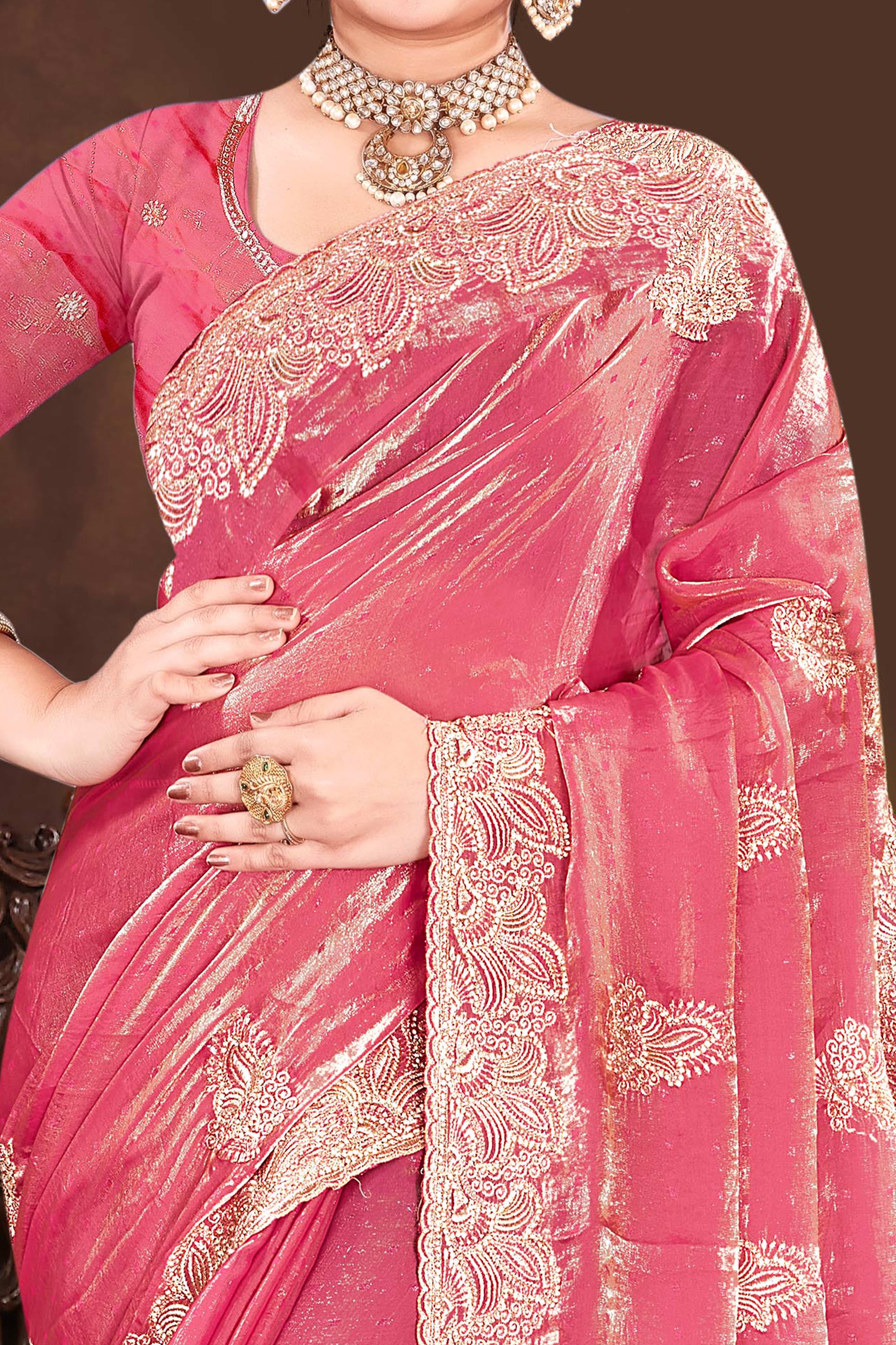 Stylish Pink Floral Embroidered Organza Satin Silk Saree With Diamond Work Finish