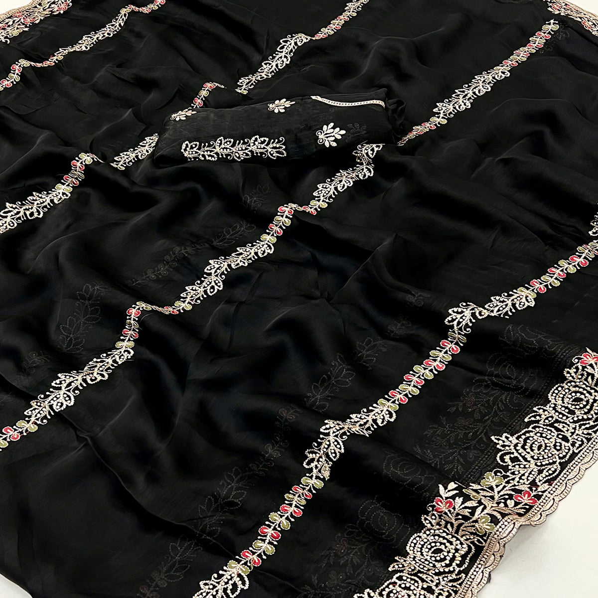Black Satin Chiffon Saree Adorned with Intricate Floral Embroidery
