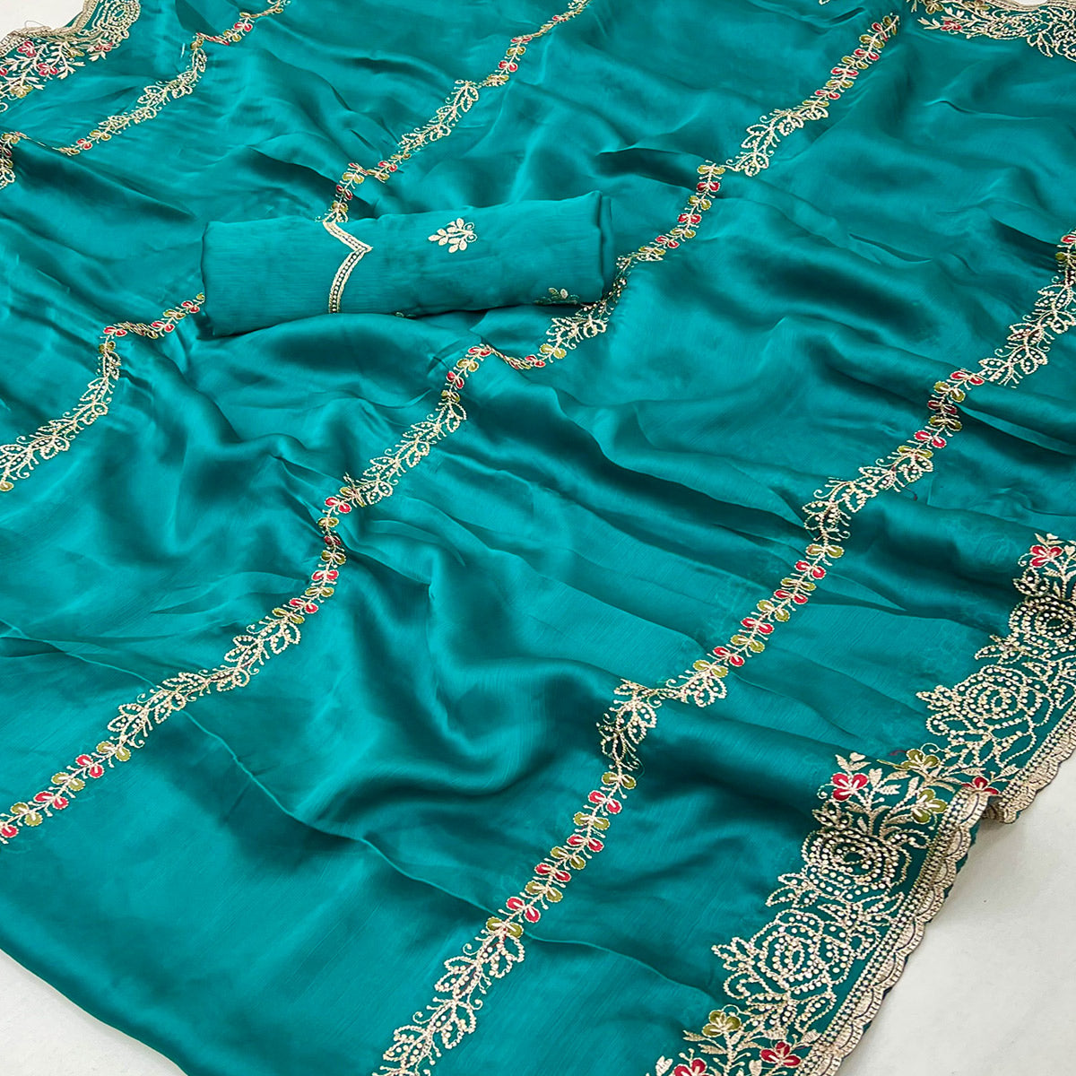 Teal Satin Chiffon Saree Adorned with Intricate Floral Embroidery