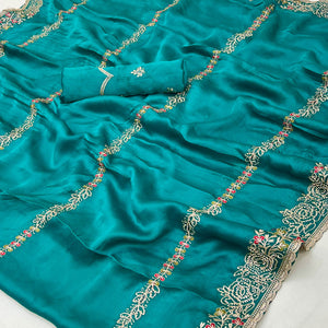Teal Satin Chiffon Saree Adorned with Intricate Floral Embroidery