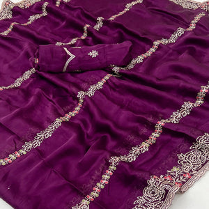 Purple Satin Chiffon Saree Adorned with Intricate Floral Embroidery