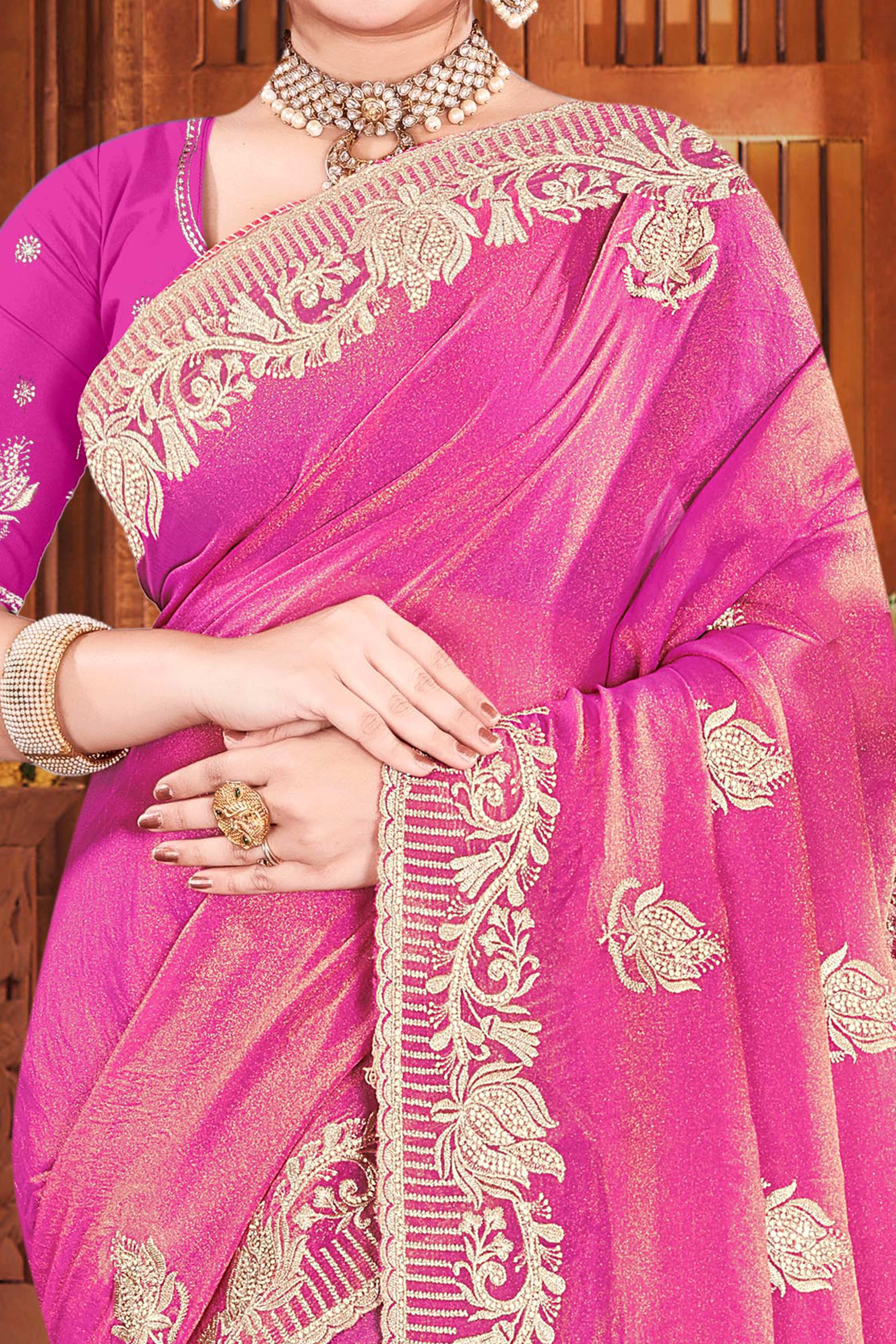 Exclusive Magenta Floral Zari Embroidered Organza Satin Silk Saree With Diamond Detailing