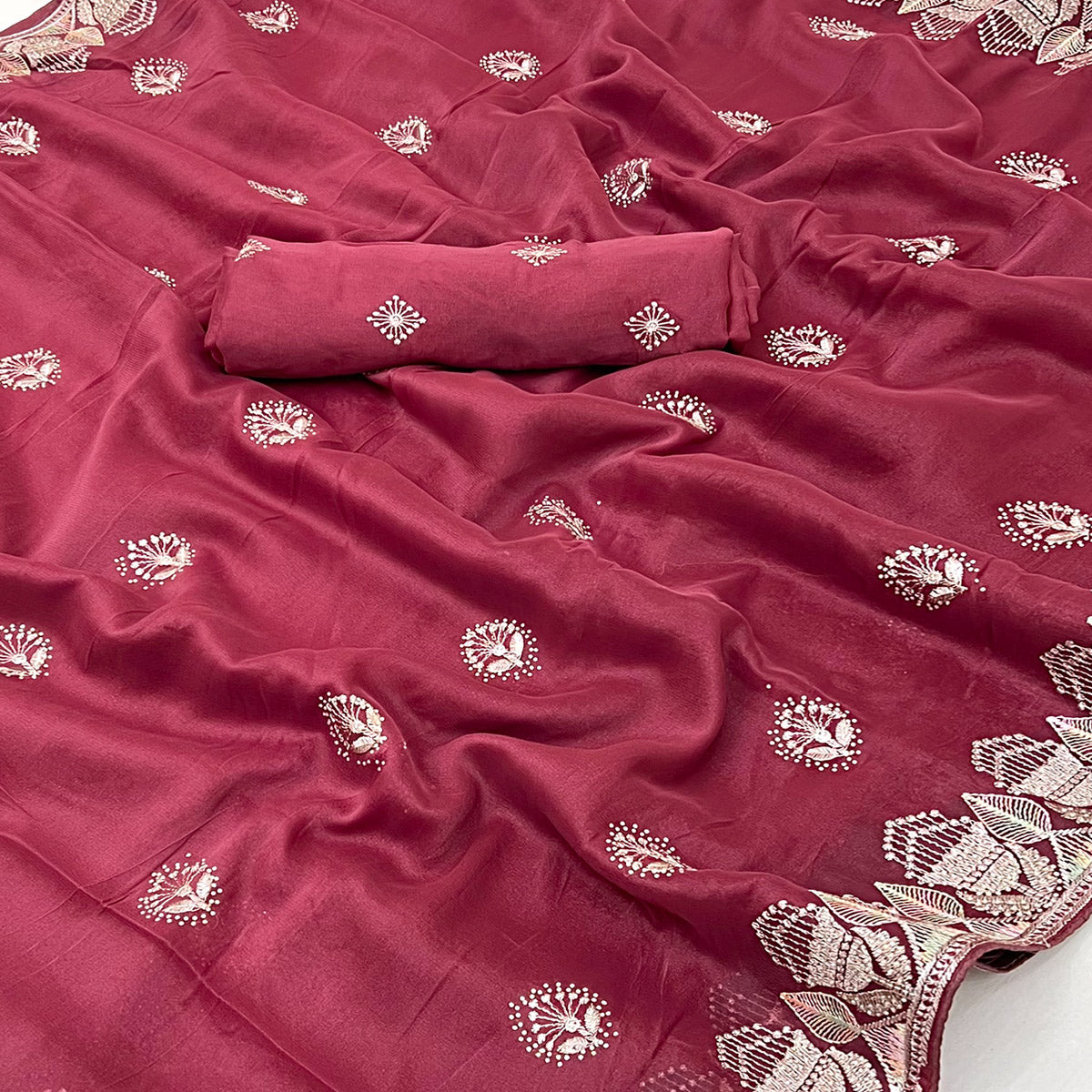 Red Star Georgette Saree with Intricate Floral Embroidery Work