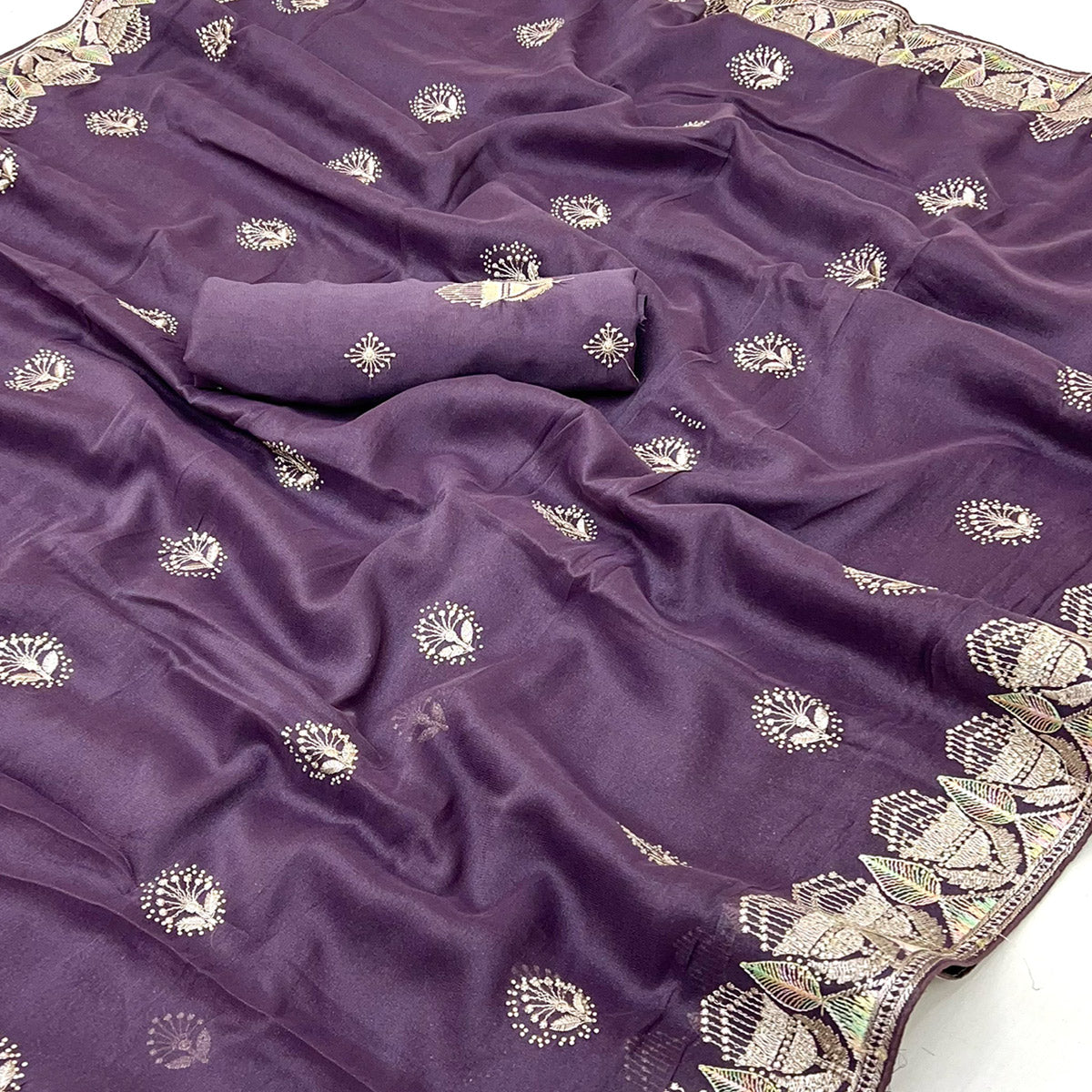 Purple Star Georgette Saree with Intricate Floral Embroidery Work