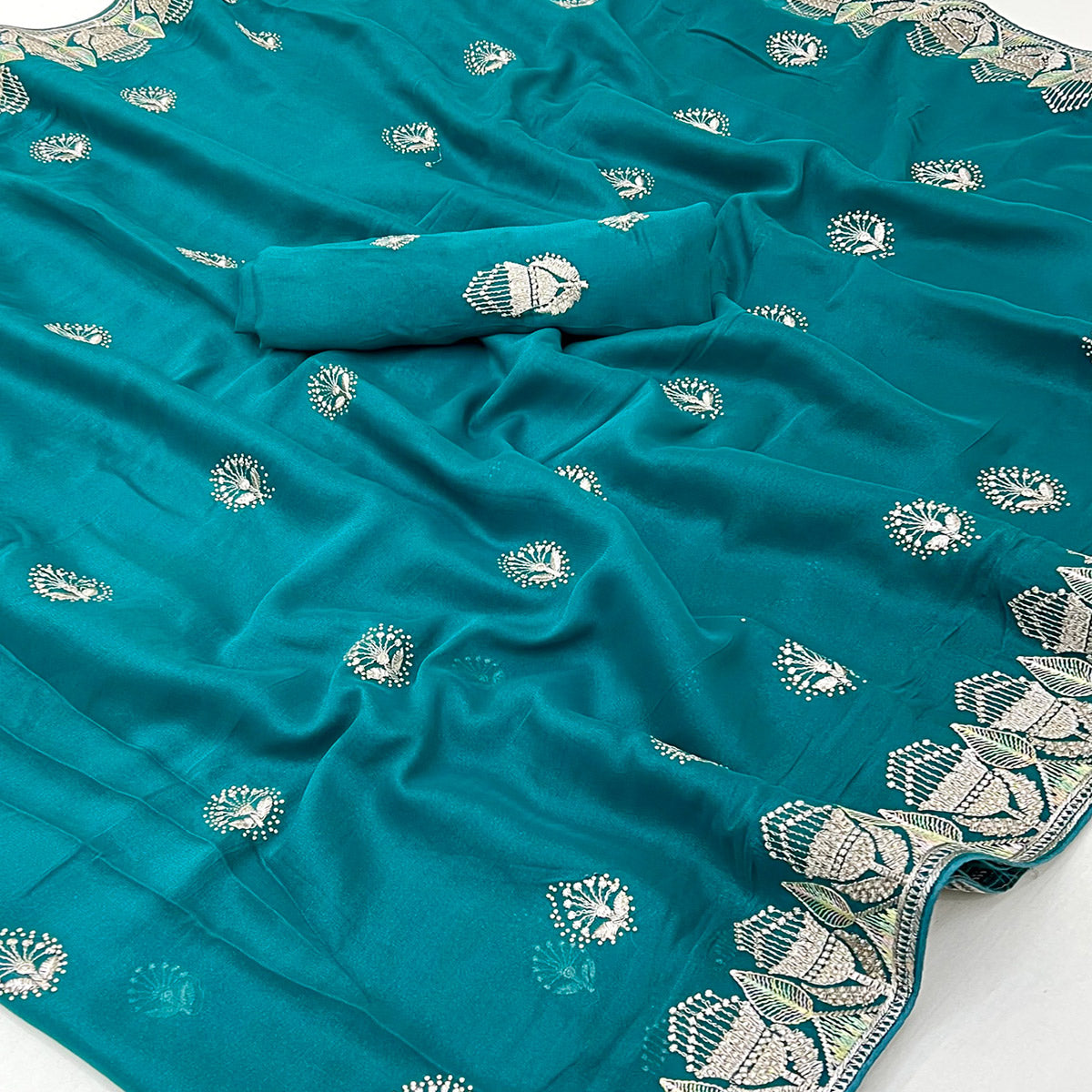 Teal Star Georgette Saree with Intricate Floral Embroidery Work
