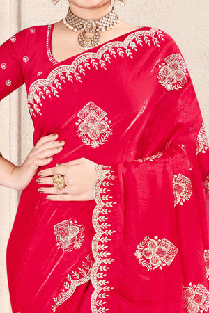 Luxury Pink Floral Zari Embroidery With Sparkling Diamond Work Organza Satin Silk Saree