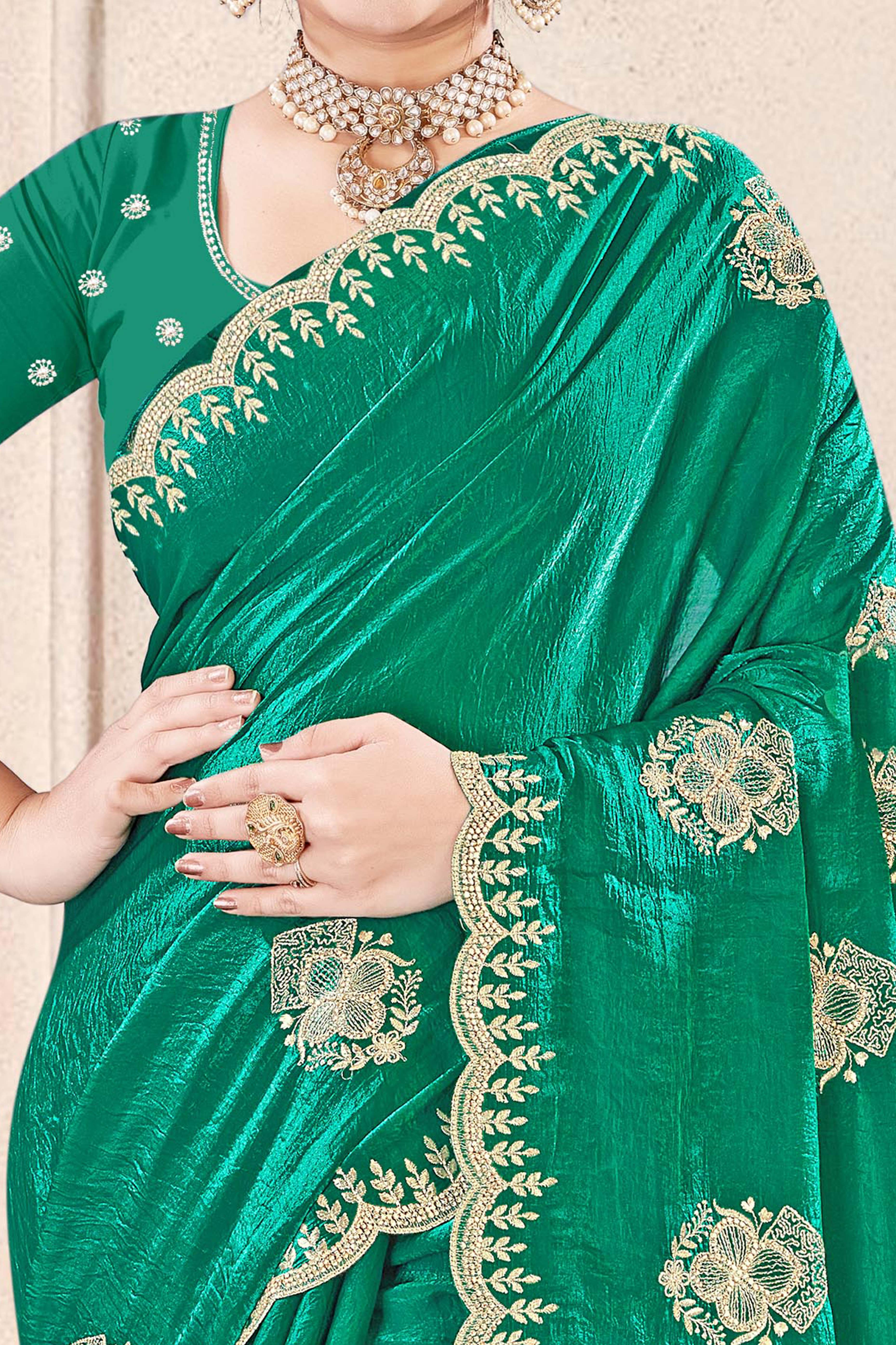 Luxury Green Floral Zari Embroidery With Sparkling Diamond Work Organza Satin Silk Saree