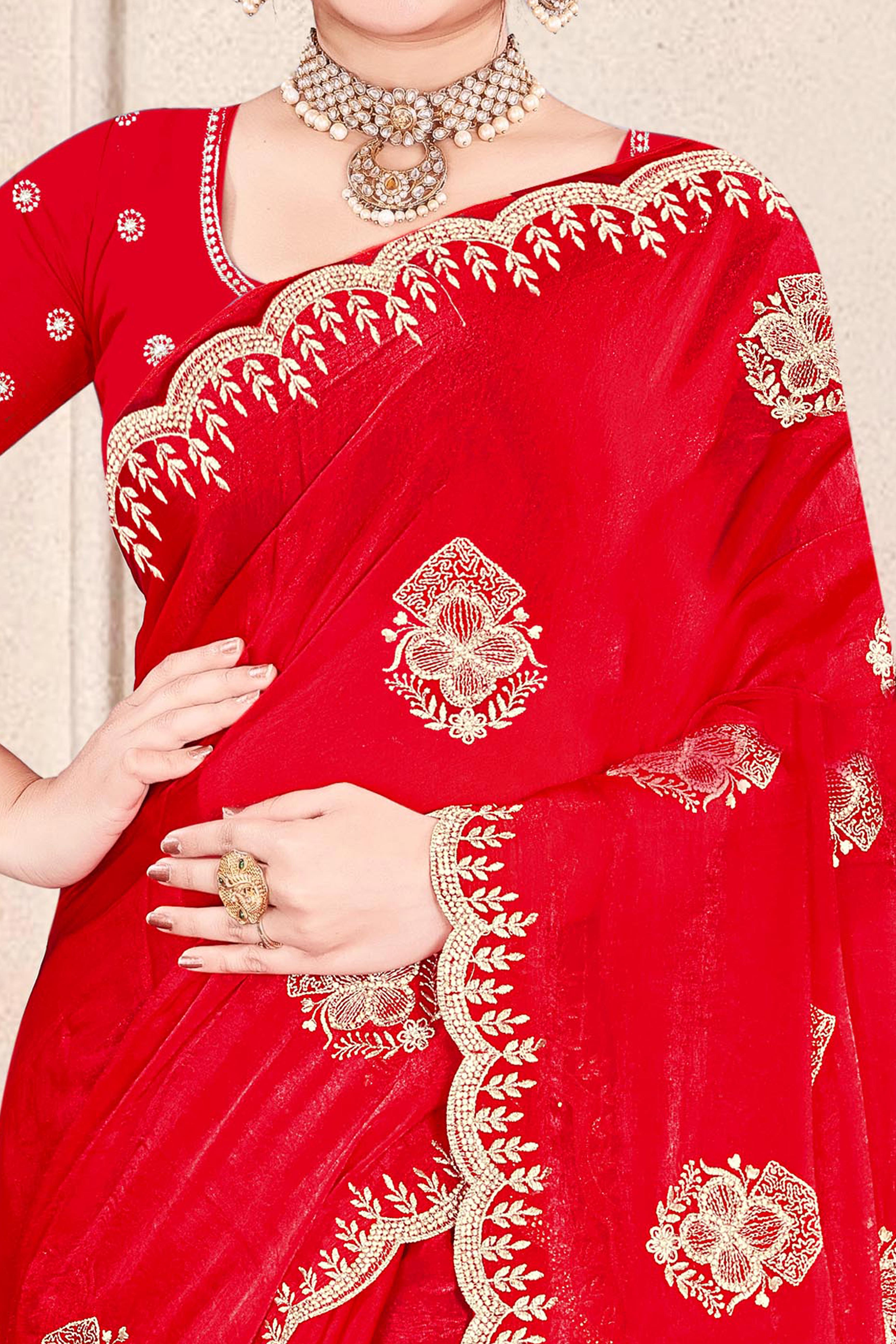 Luxury Red Floral Zari Embroidery With Sparkling Diamond Work Organza Satin Silk Saree