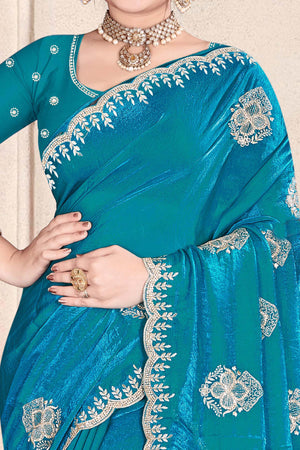 Luxury Blue Floral Zari Embroidery With Sparkling Diamond Work Organza Satin Silk Saree