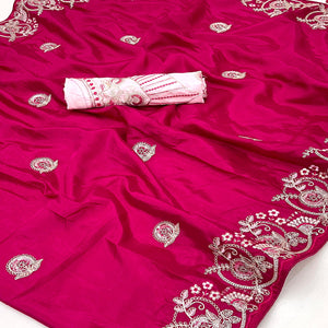 Pink Embroidered Satin Saree with Smooth Texture and Graceful Festive Appeal