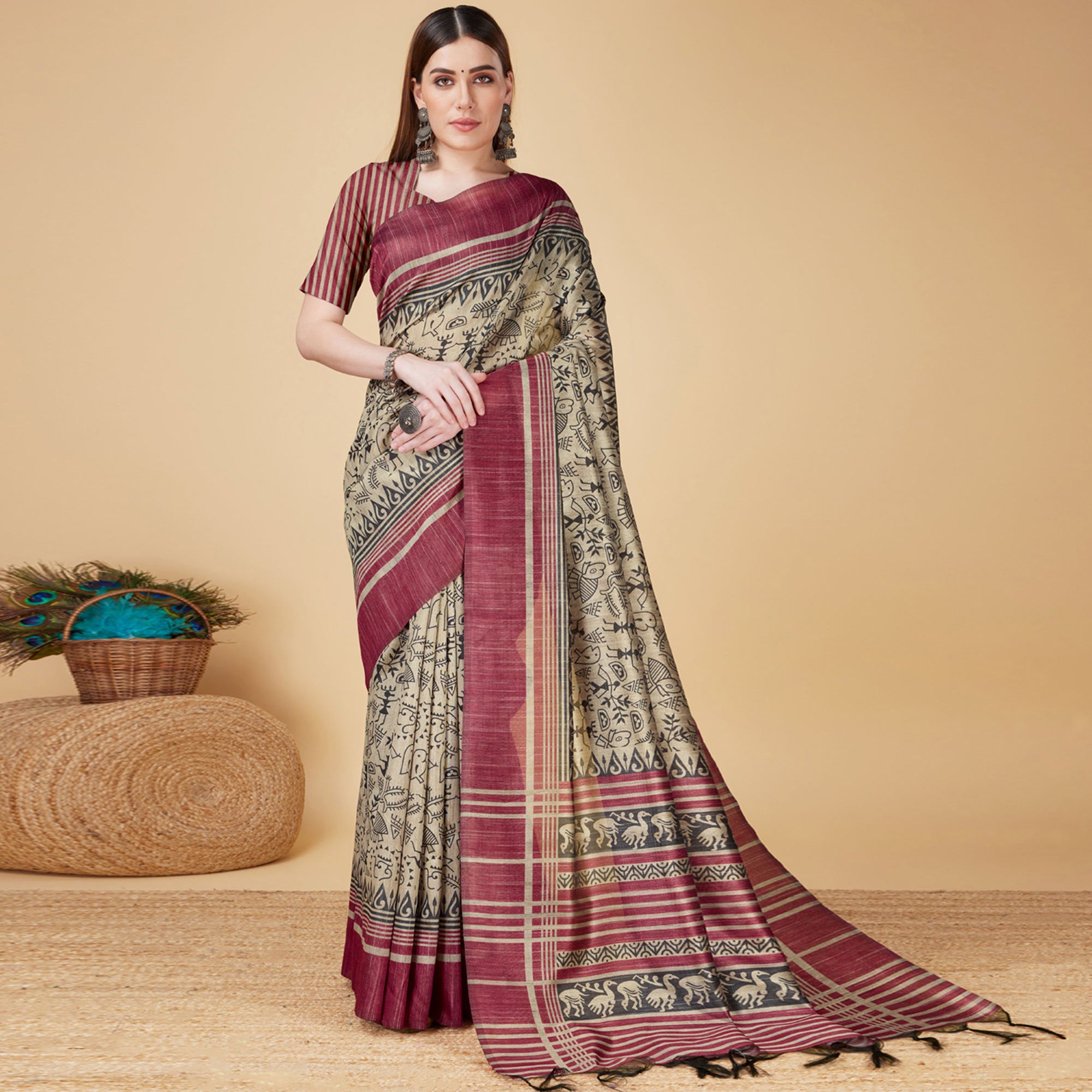 Chikoo & Maroon Printed Bhagalpuri Silk Saree With Tassels