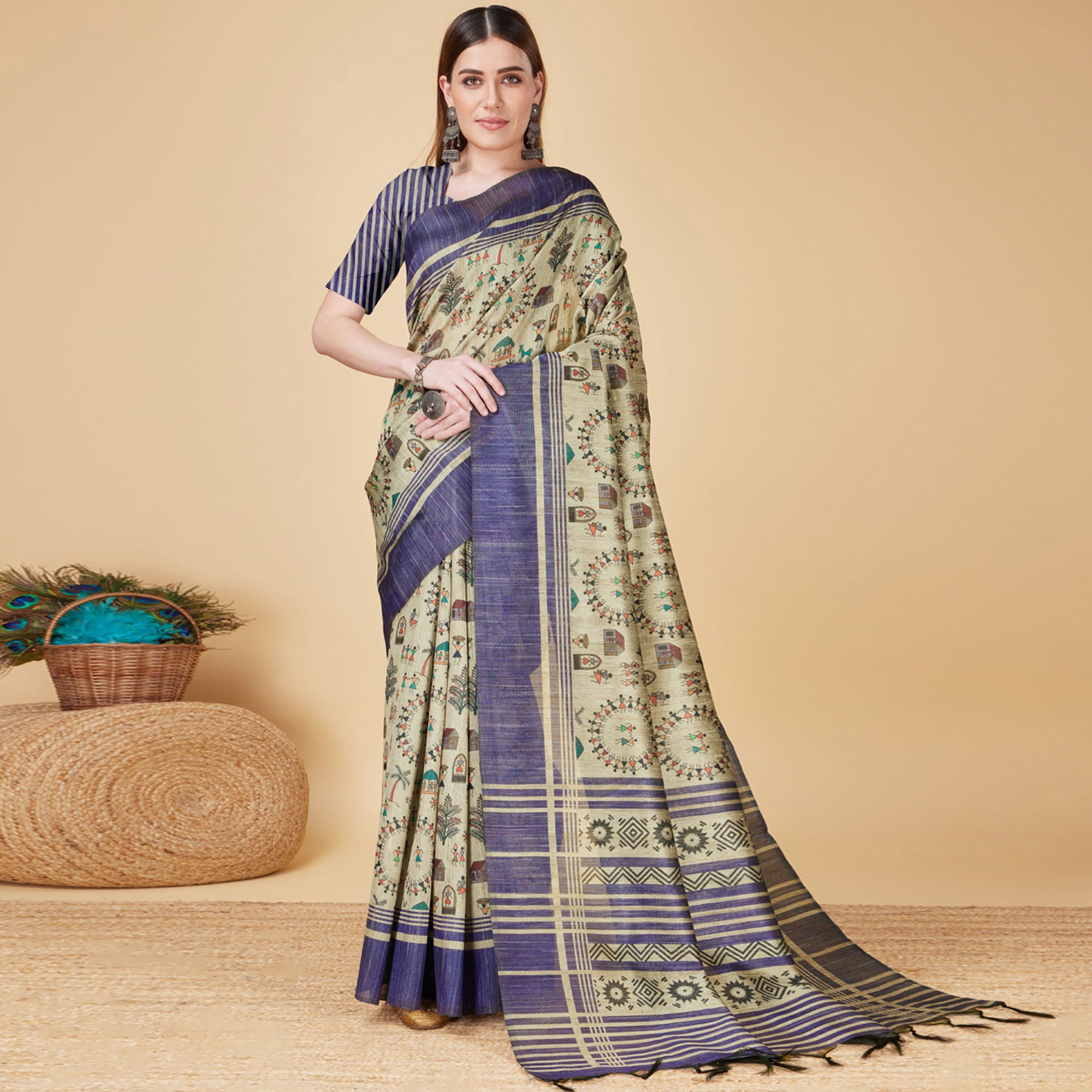 Chikoo & Blue Printed Bhagalpuri Silk Saree With Tassels