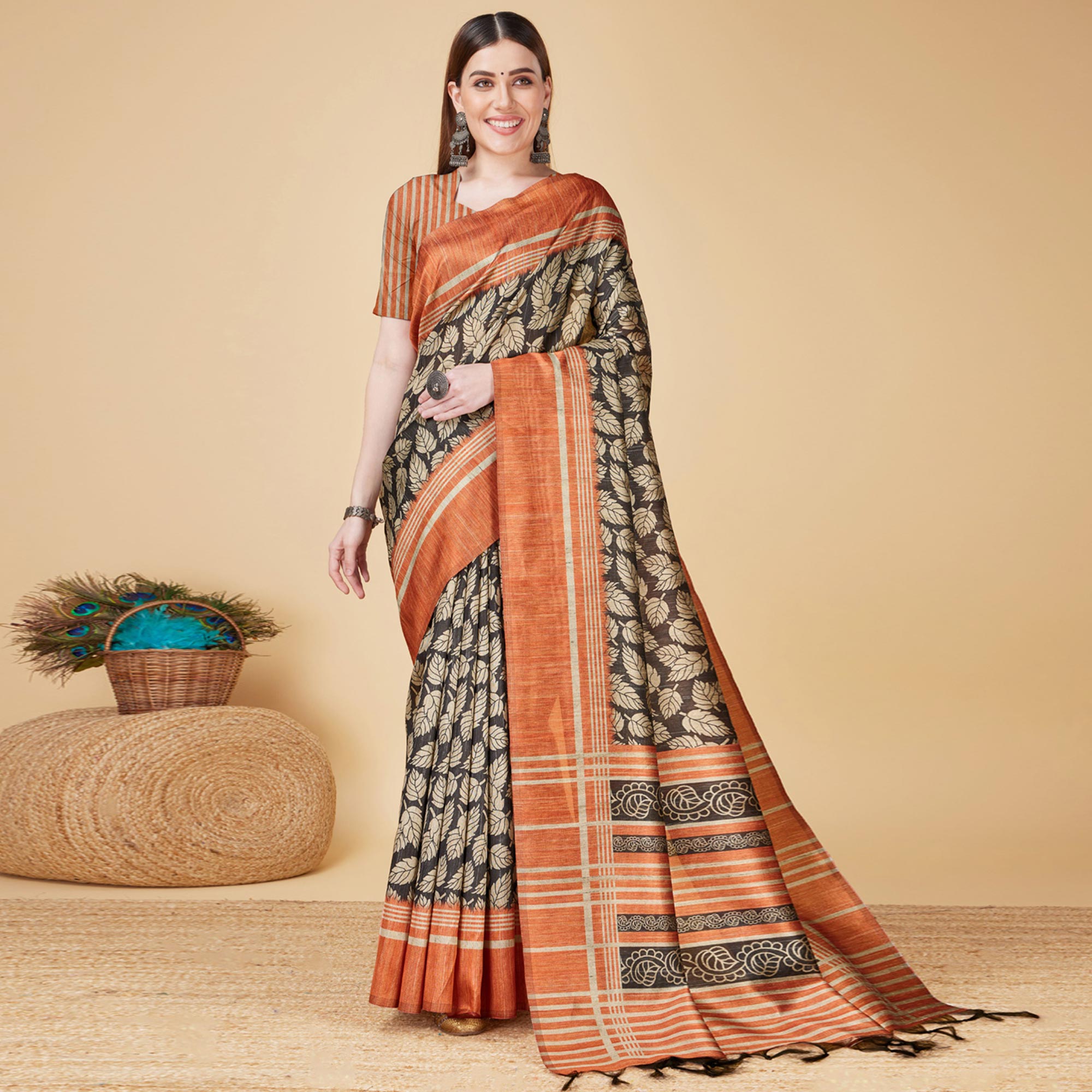 Black & Rust Printed Bhagalpuri Silk Saree With Tassels