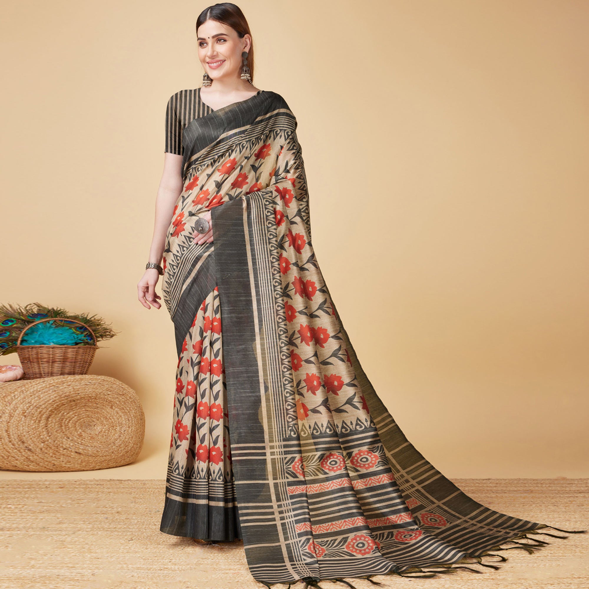 Beige & Black Floral Bhagalpuri Silk Saree With Tassels