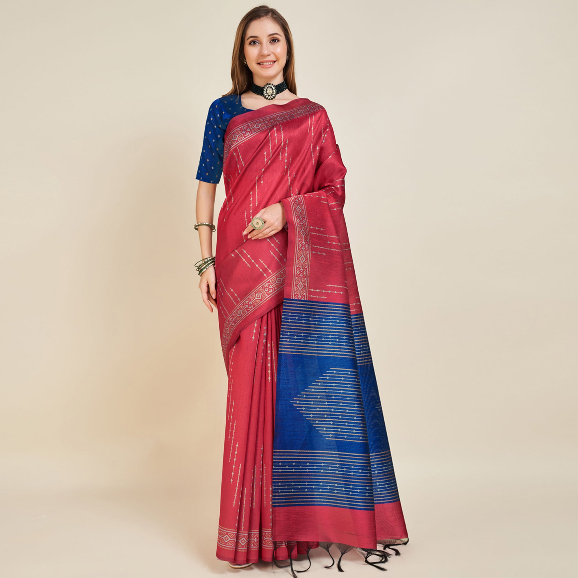 Red Digital Printed Bhagalpuri Silk Saree With Tassels