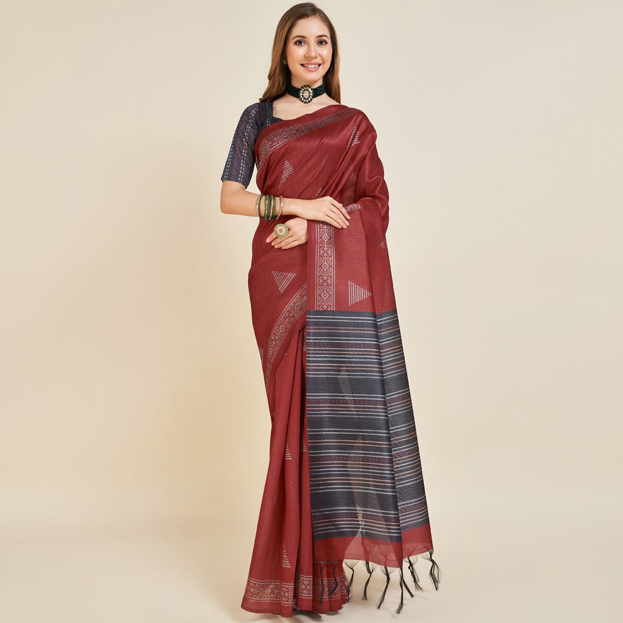 Maroon Digital Printed Bhagalpuri Silk Saree With Tassels